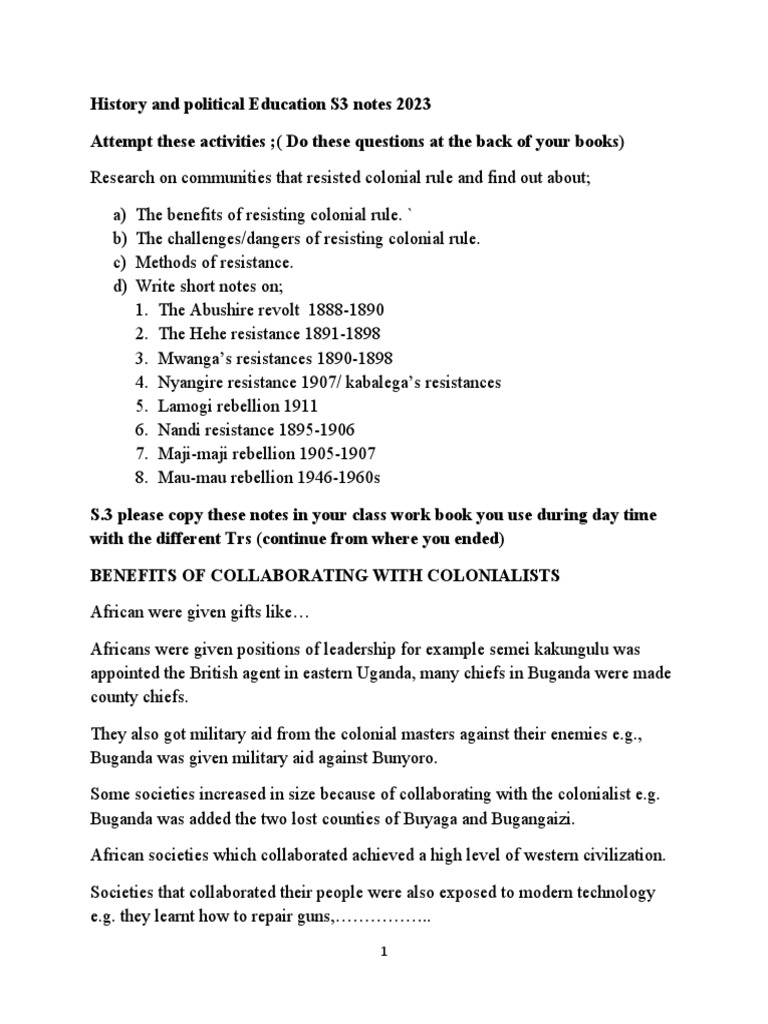 S.3 History and Political Education Notes 2023 PDF Uganda Nationalism