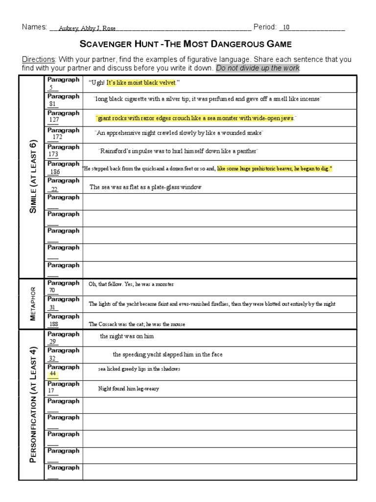 Kami Export - Aubreanna Helman - Most Dangerous Game Scavenger Hunt | PDF