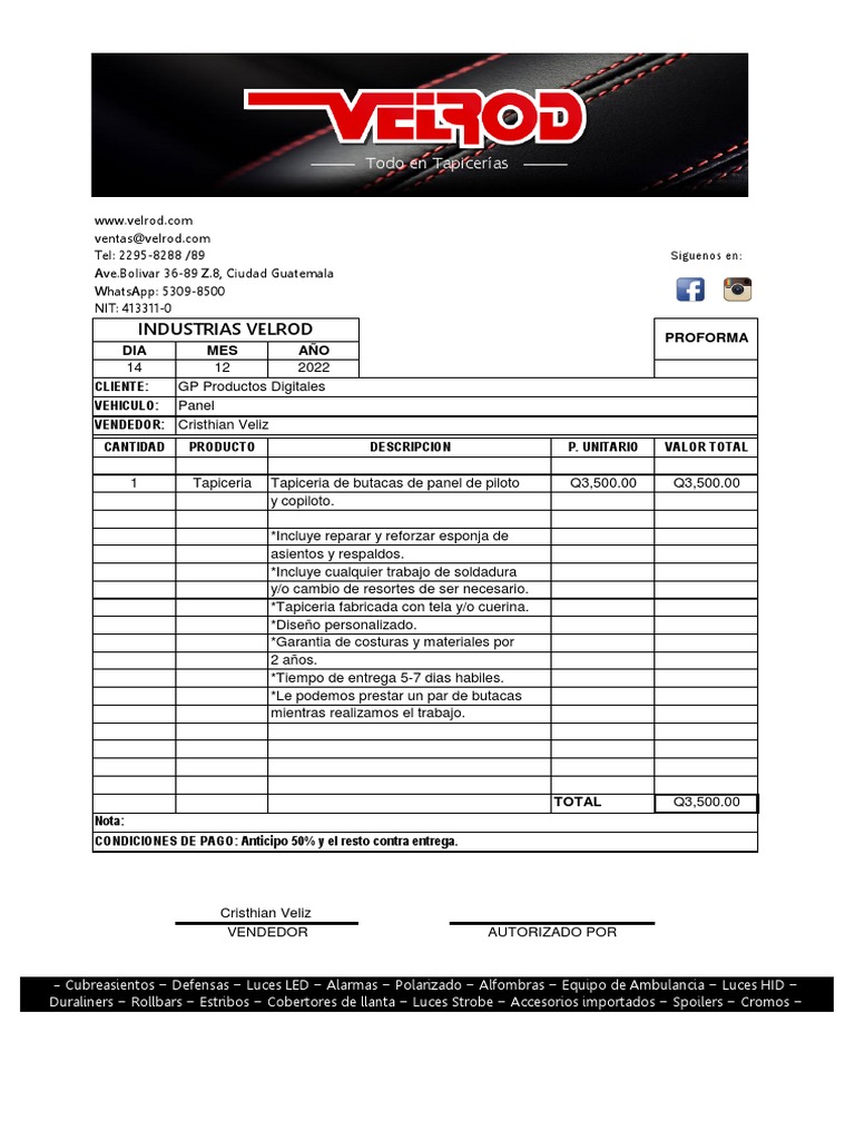 Proforma GP Productos Digitales - Tapiceria Panel | PDF
