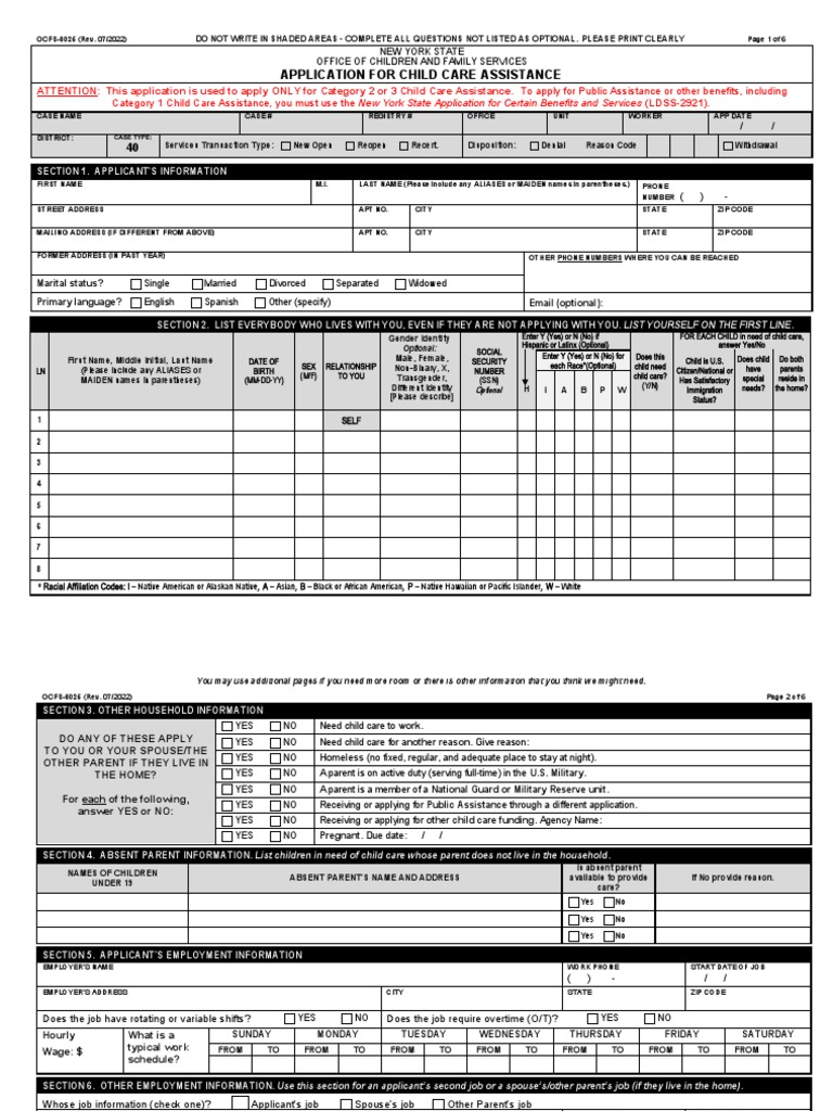 OCFS Child Care Assistance Application | PDF | Voter Registration | Welfare
