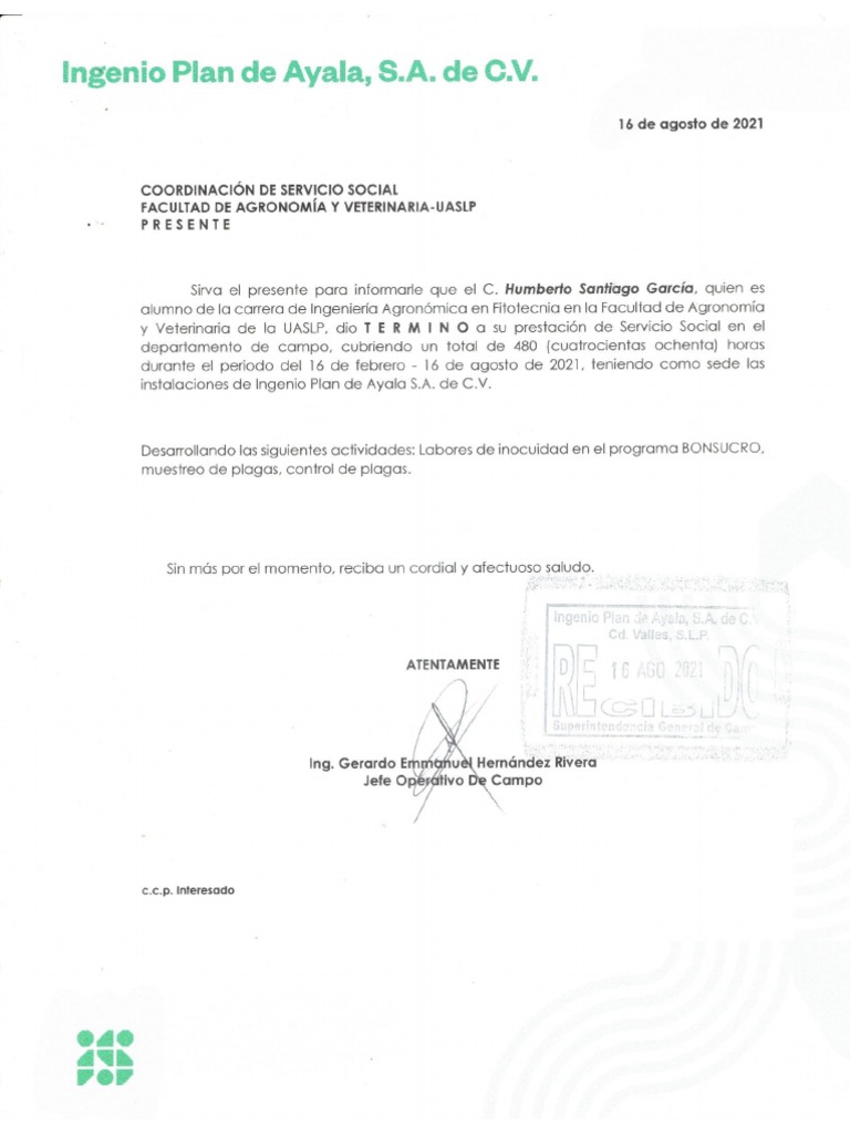 Carta Terminacion Servicio Social | PDF