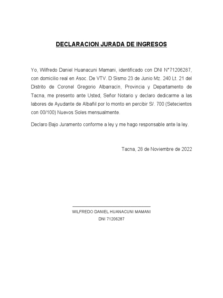 Declaración Jurada de Ingresos Mensuales | PDF