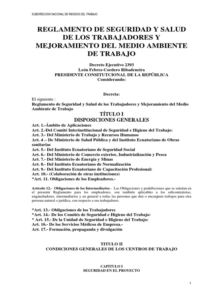 Decreto Ejecutivo 2393 Reglamento SST y MMAT | PDF