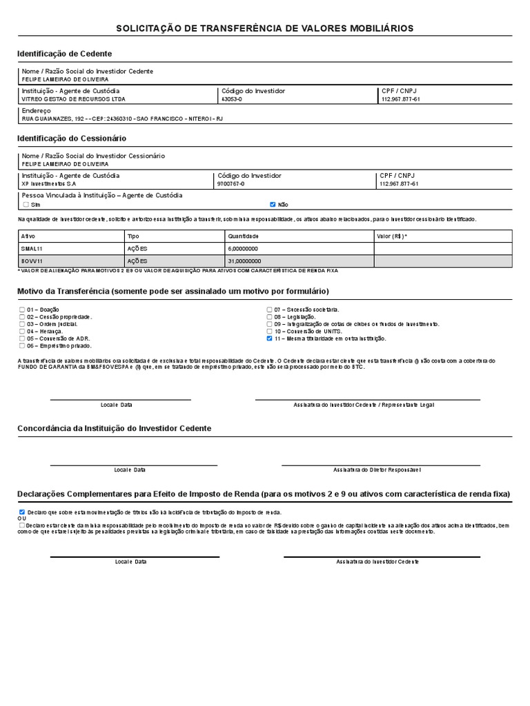 Solicitação de Transferência de Ativos XP | PDF | Impostos | Investimentos