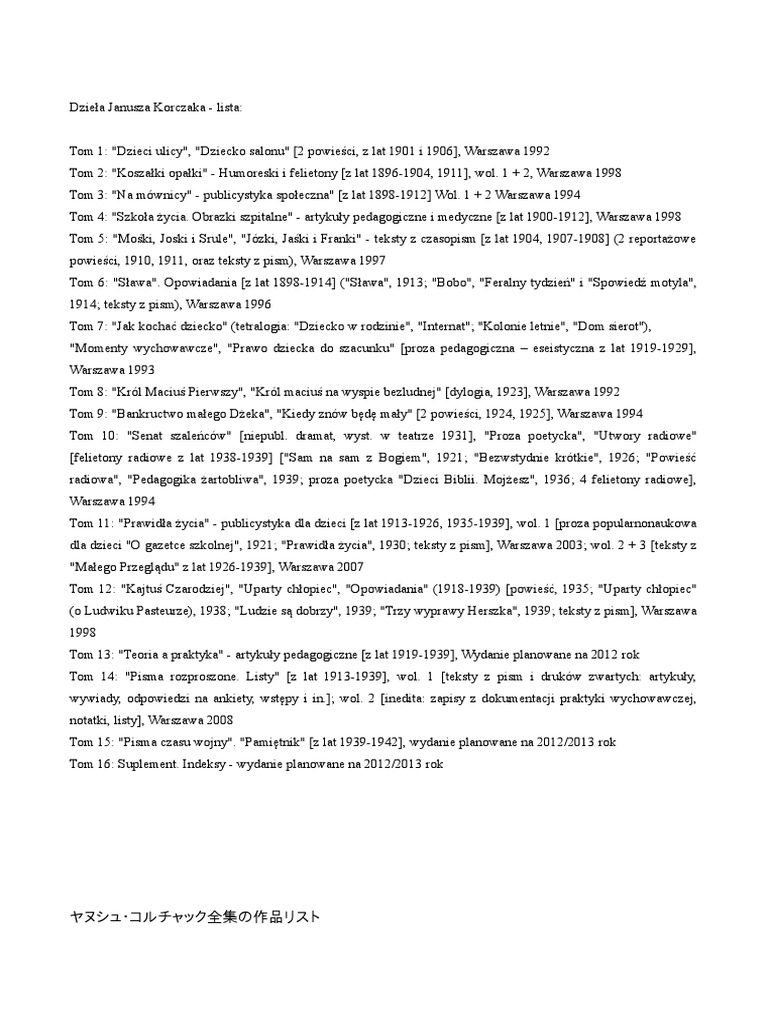 ヤヌシュ・コルチャック作品 リスト PDF