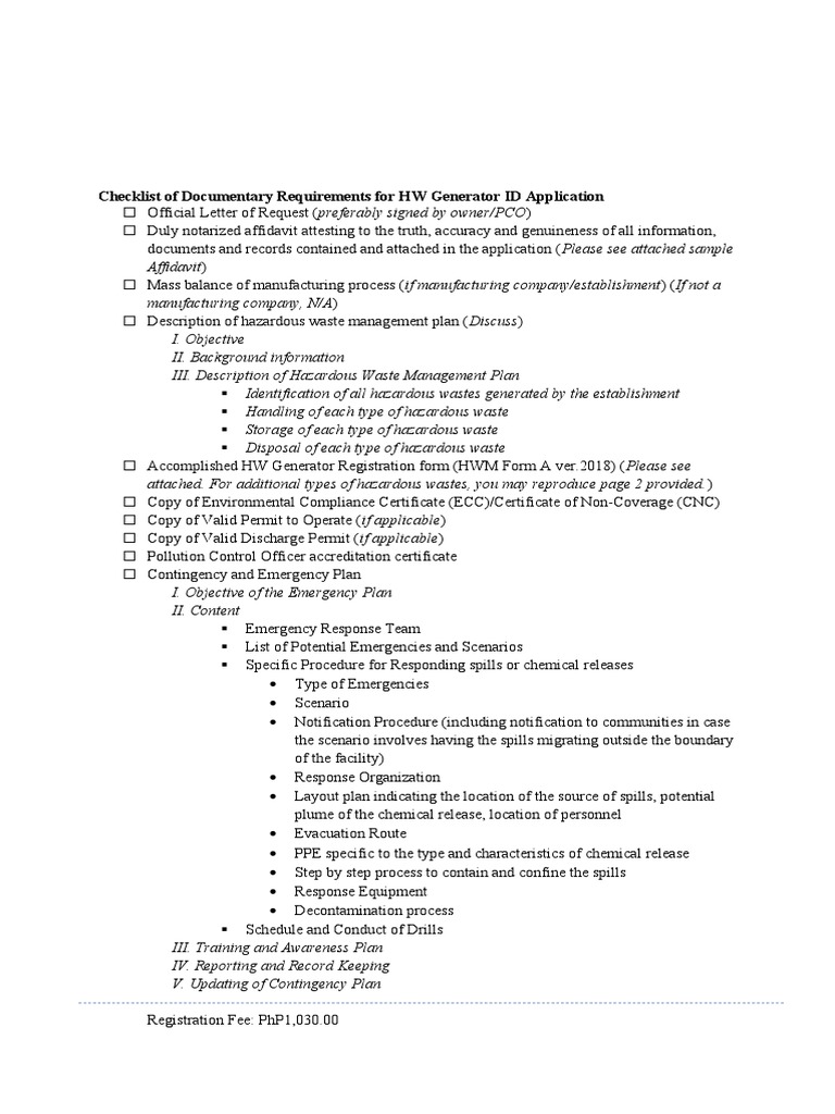 Checklist of documentary requirements for hw generator id application