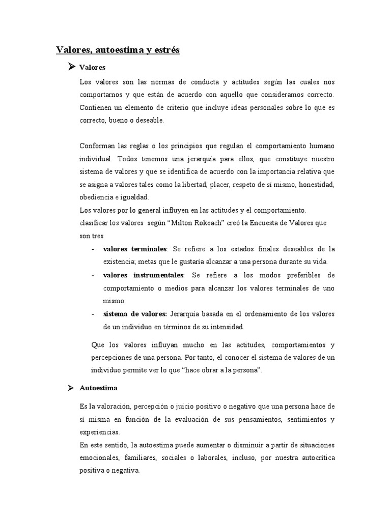 Valores y Autoestima en el Estrés | PDF | Autoestima | Estrés (biología)