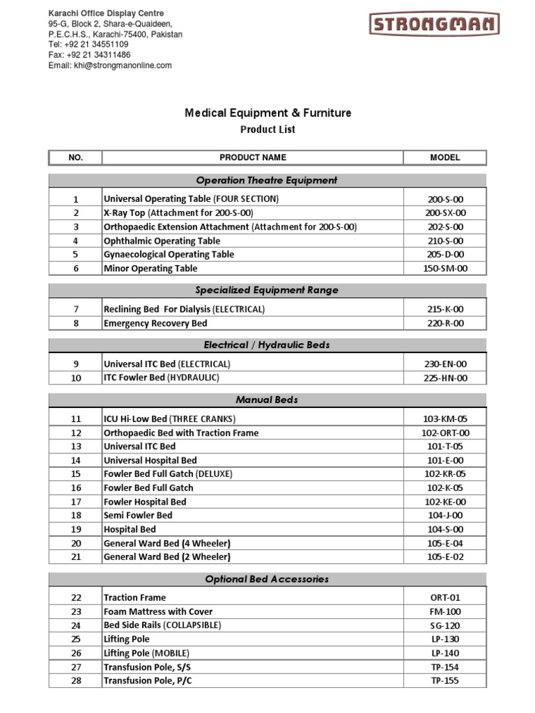 Hospital Furniture and Equipment Product List