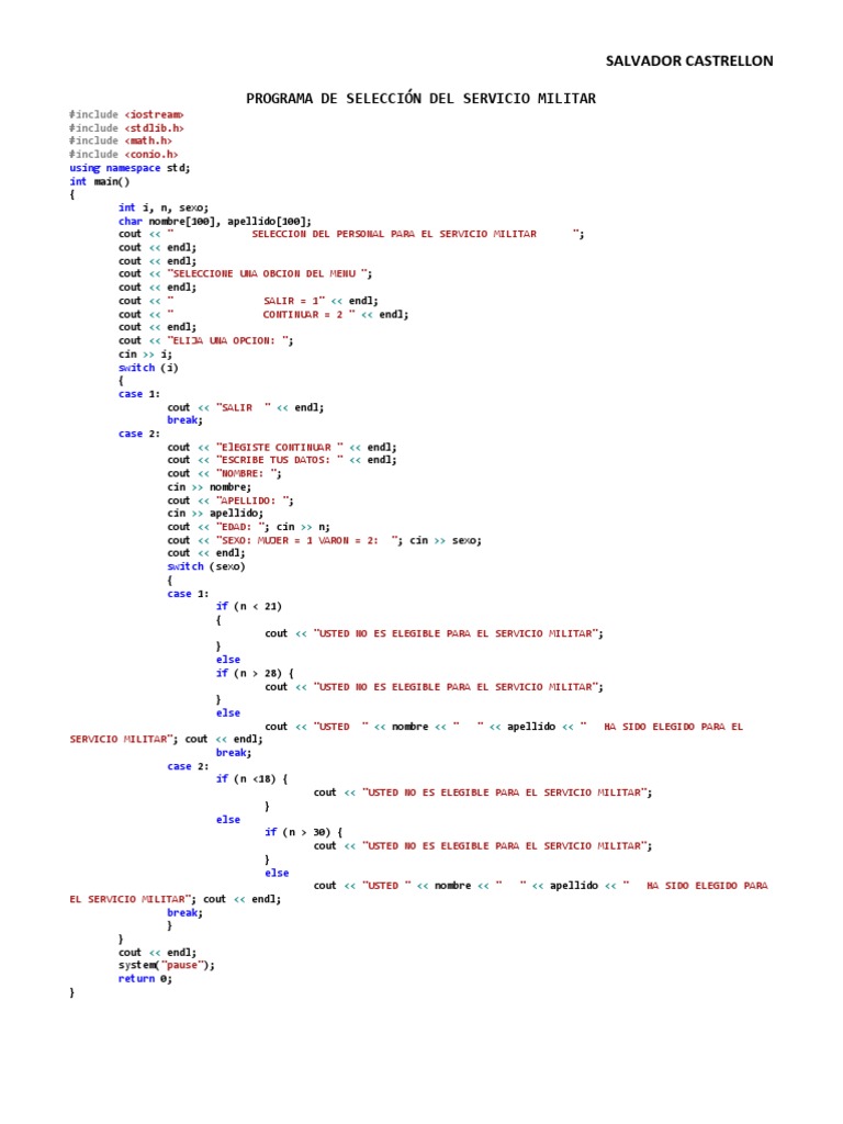 Programa Leng.c++ Sobre Seleccion de Servicio Militar | PDF | C ...