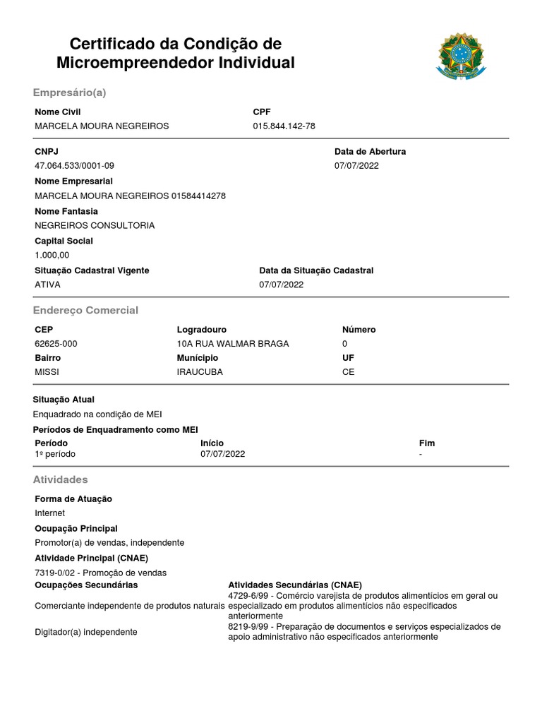 Certificado de Microempreendedor Individual | PDF | Empreendedorismo ...