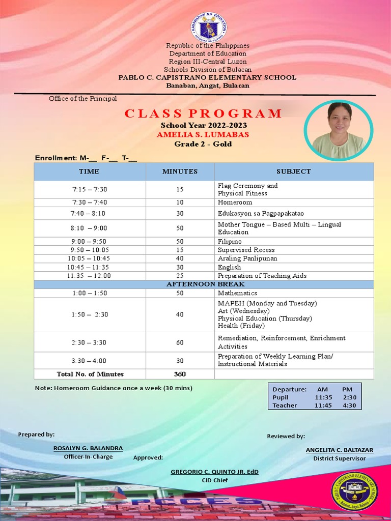 Grade 2 class program pdf schools