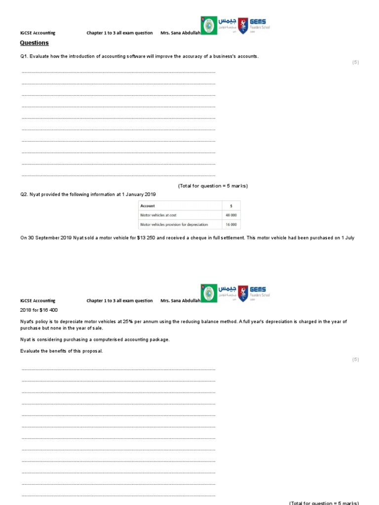 IGCSE Accounting Exam Questions 1-3 | PDF | Depreciation | Accounting