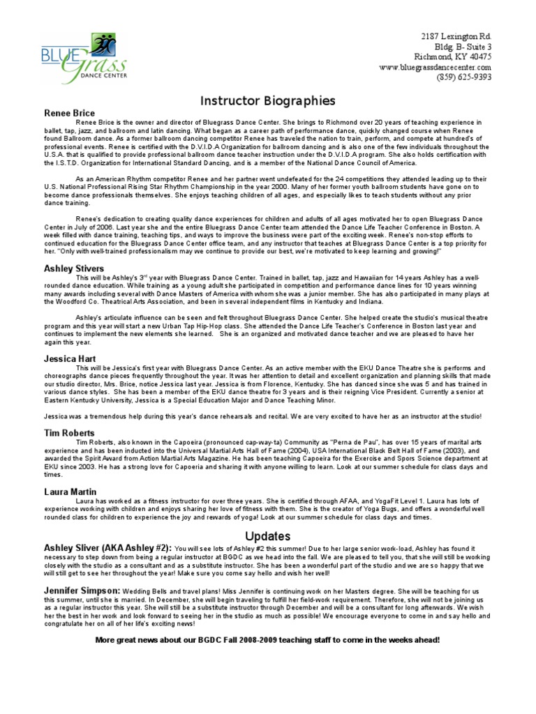 Bluegrass Dance Center Instructor Bios | PDF | Ballroom Dance | Dances