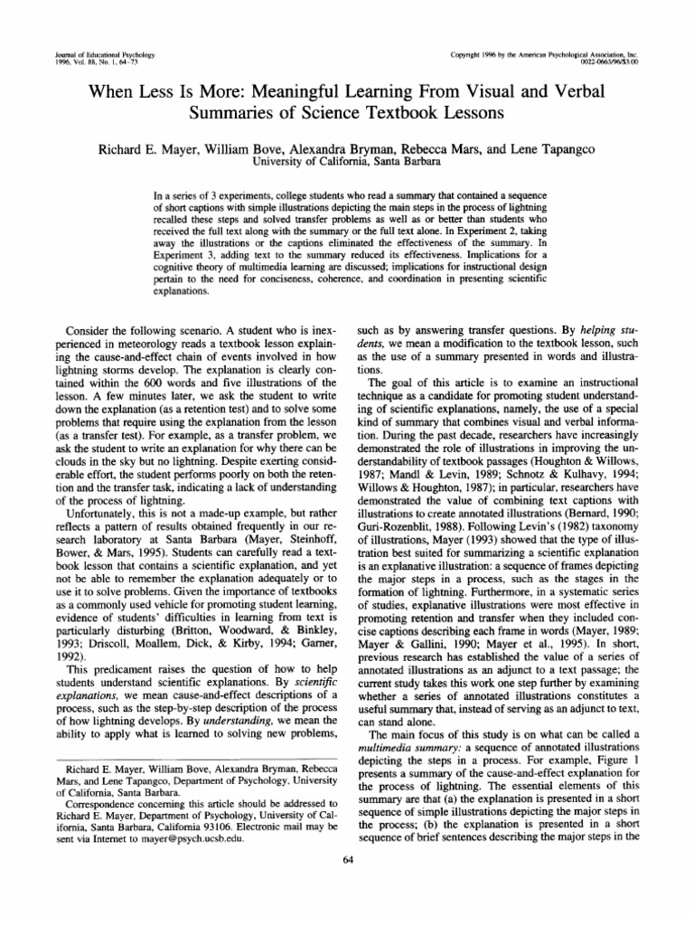 Mayer, Et Al (1996) | PDF | Working Memory | Experiment