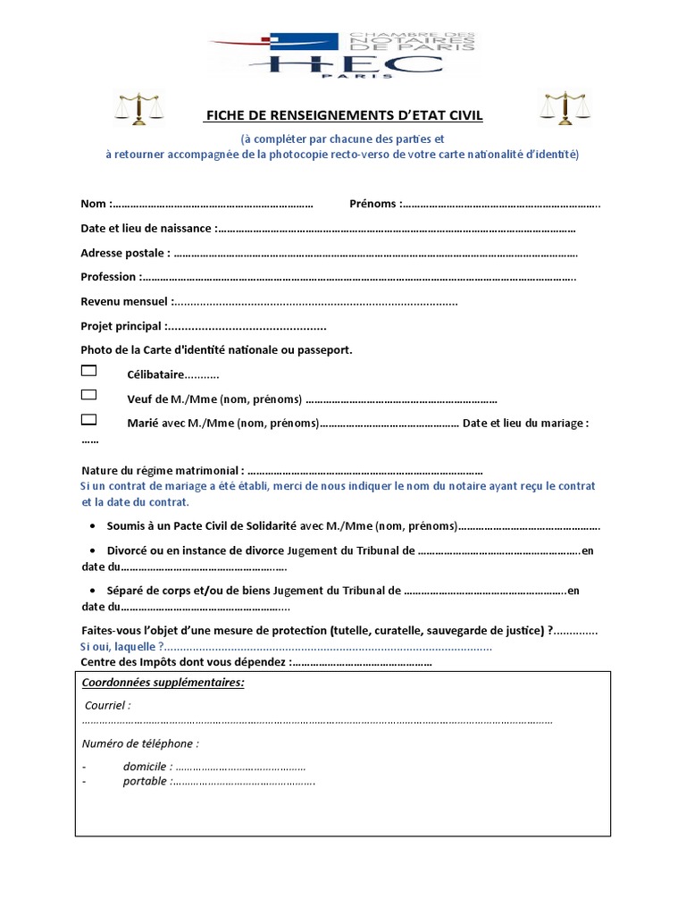 Fiche de Renseignements État Civil Notaire | PDF | Sports et loisirs ...