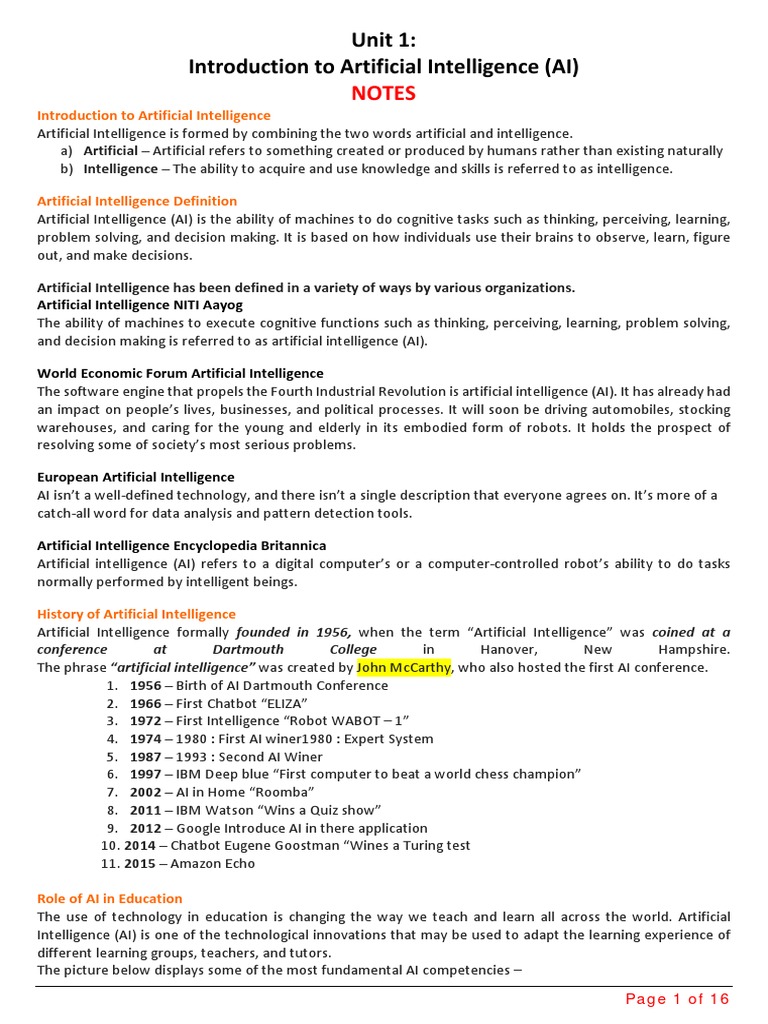 Unit 1-NOTES - Introduction To Artificial Intelligence | PDF ...
