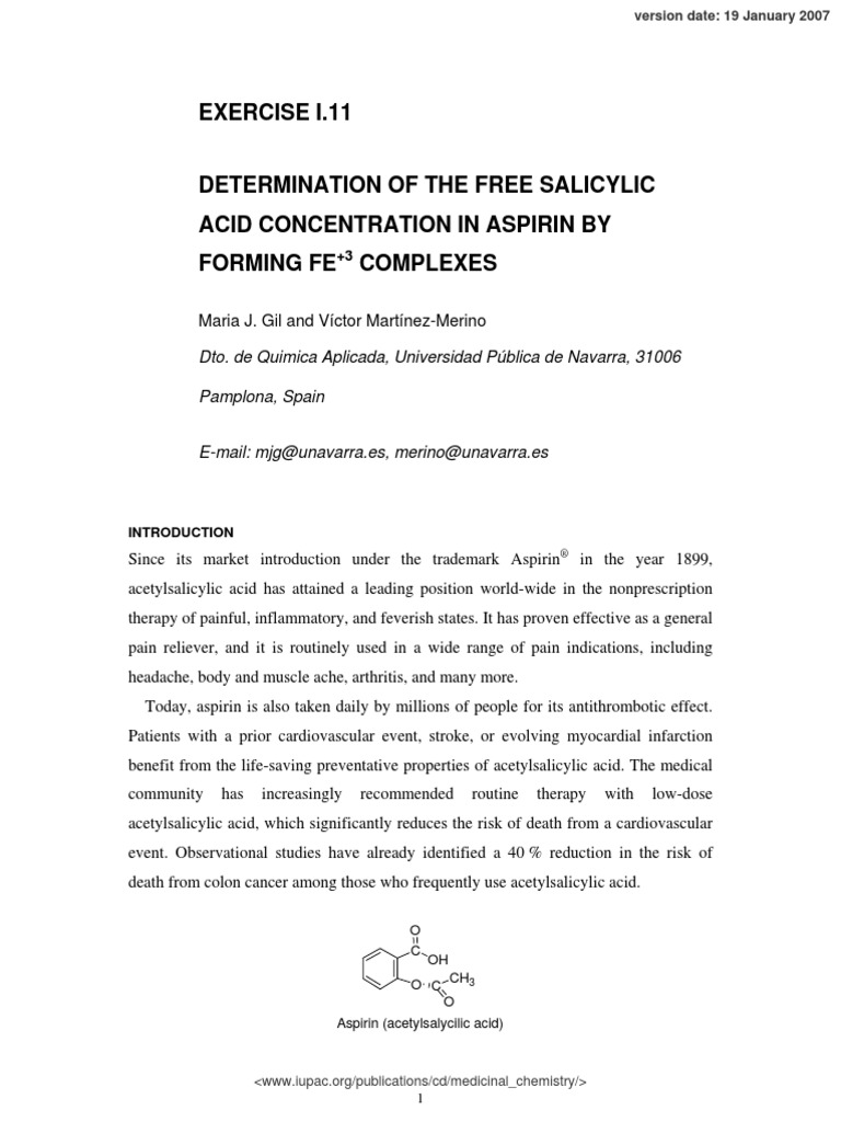 Determination of The Free Salicylic Acid Concentration in Aspirin by ...