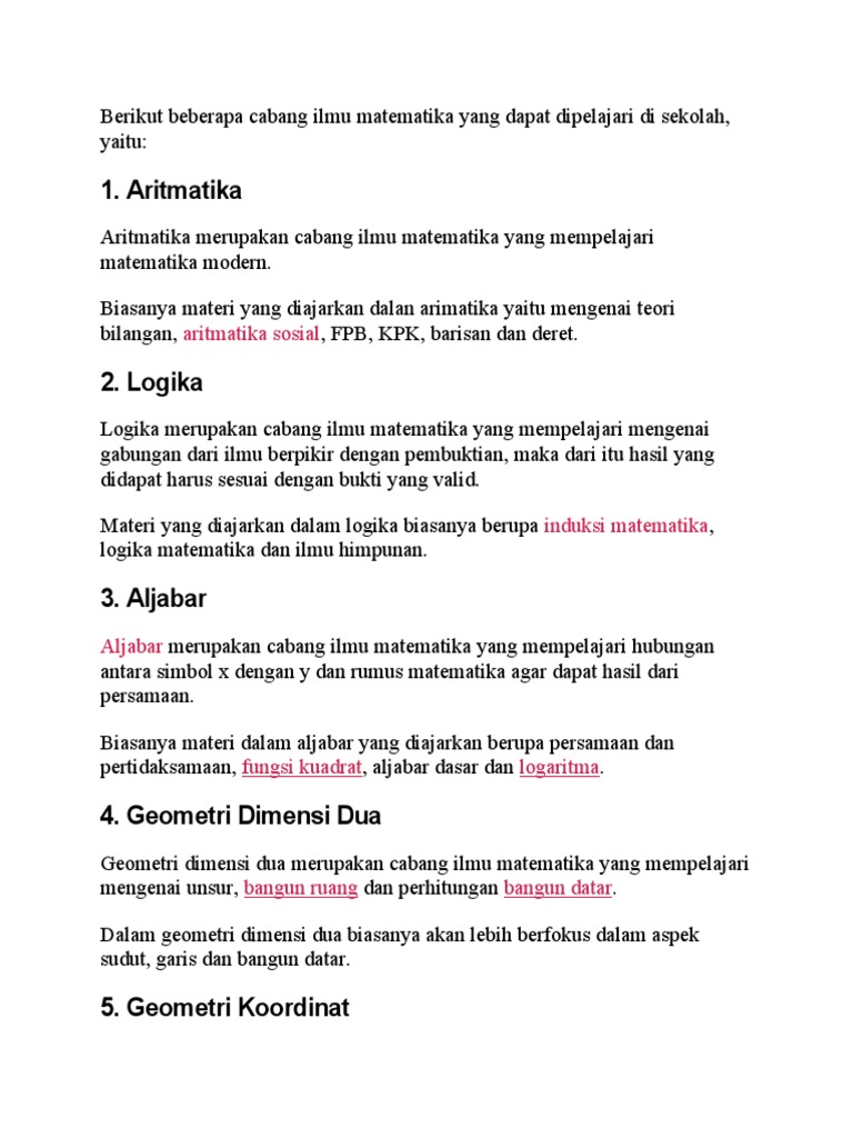 Cabang-Cabang Ilmu Matematika Dasar | PDF | Metode & Bahan Ajar | Komputer