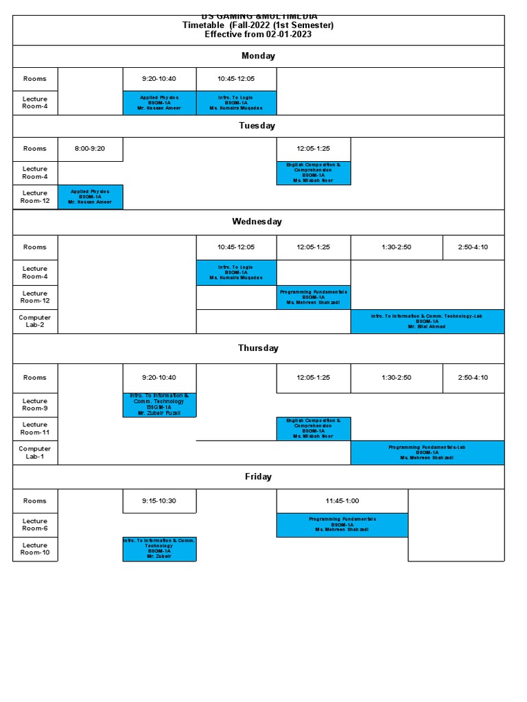Fall 2022 Semester Timetable (1st Semester Only) 02012022 PDF