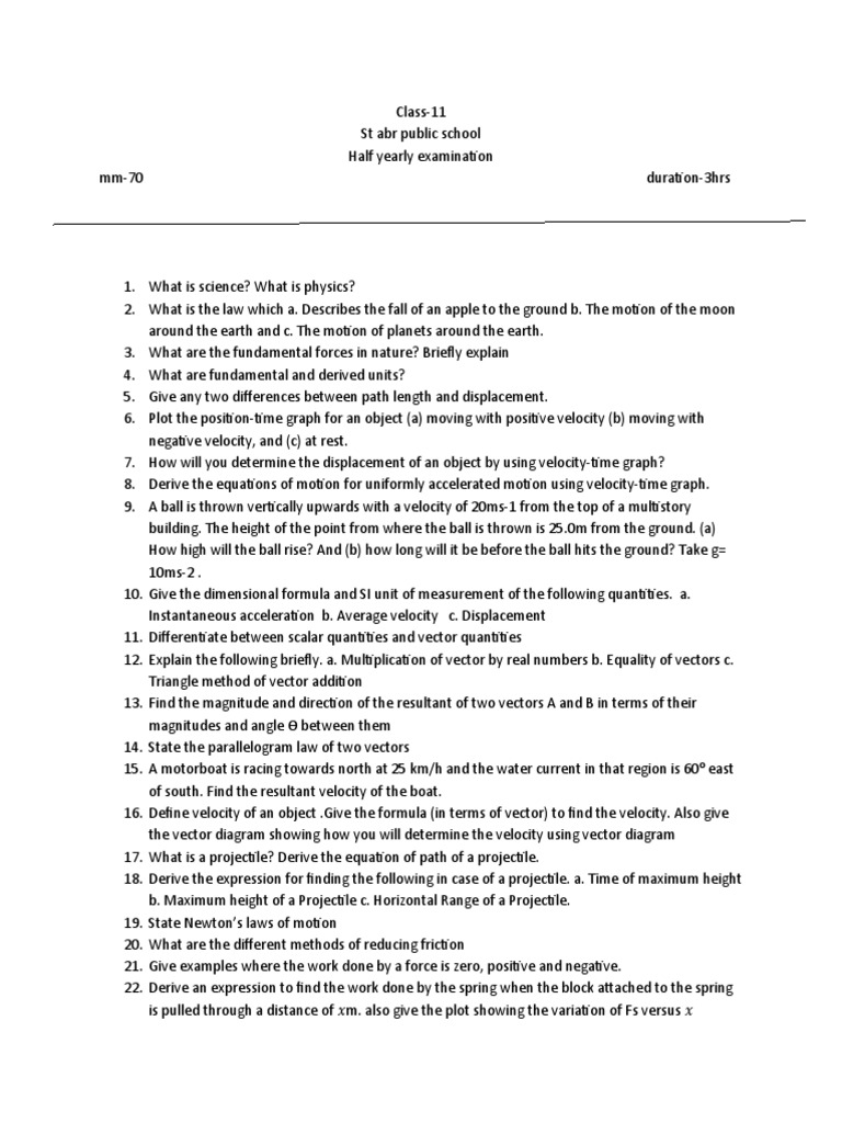 Class 11th Half Yearly Syllabus PDF Velocity Euclidean Vector