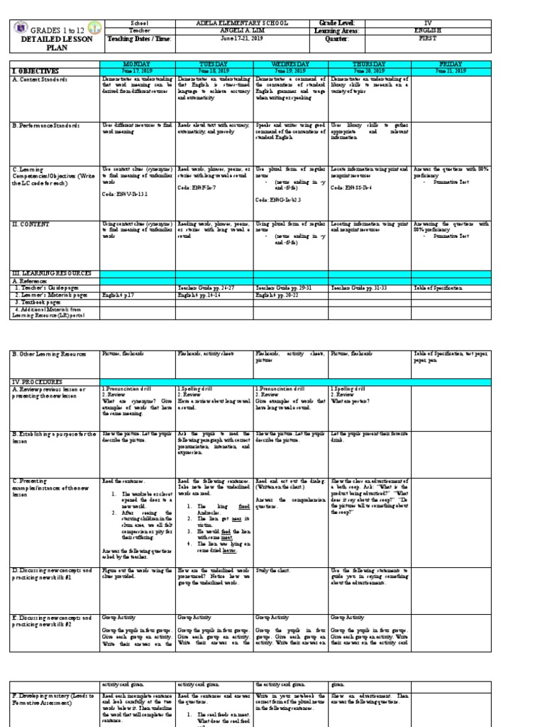 Grade 4 English Lesson Plan Overview | PDF | English Language | Plural