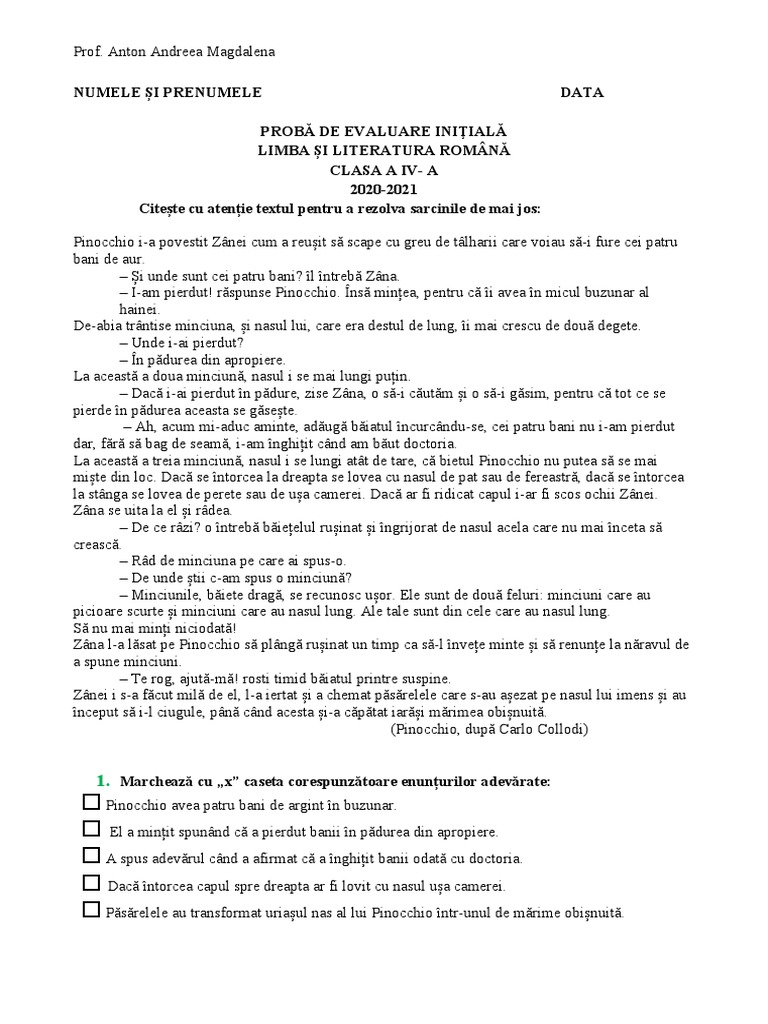 Test Evaluare Initiala CLR Cls. IV | PDF
