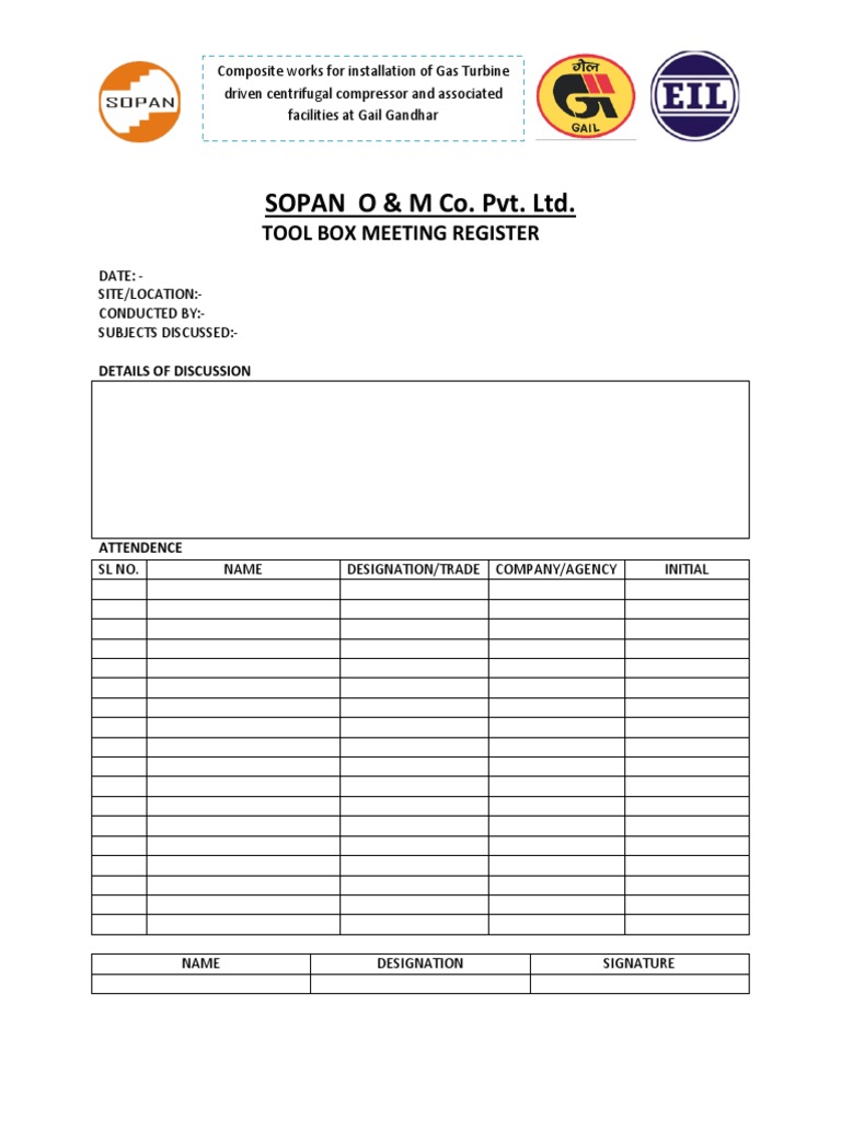 SOPAN O & M Co. Pvt. LTD.: Tool Box Meeting Register | PDF | Computers ...