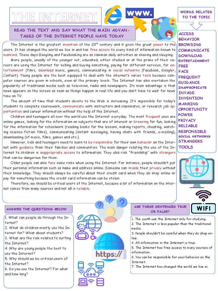 Mass Media The Internet Reading Comprehension Exercises Teacher