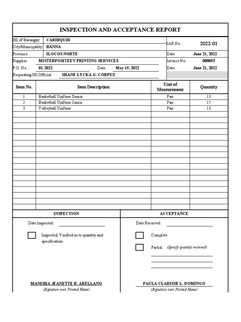 Iar inspection and acceptance report pdf