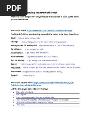 Saving Money worksheet