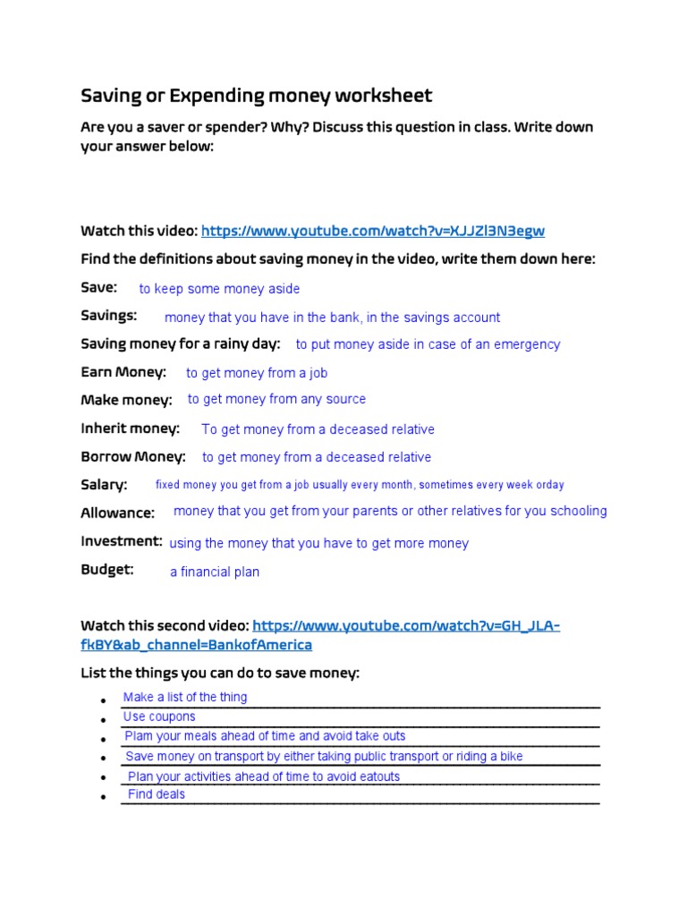 Saving money worksheet pdf