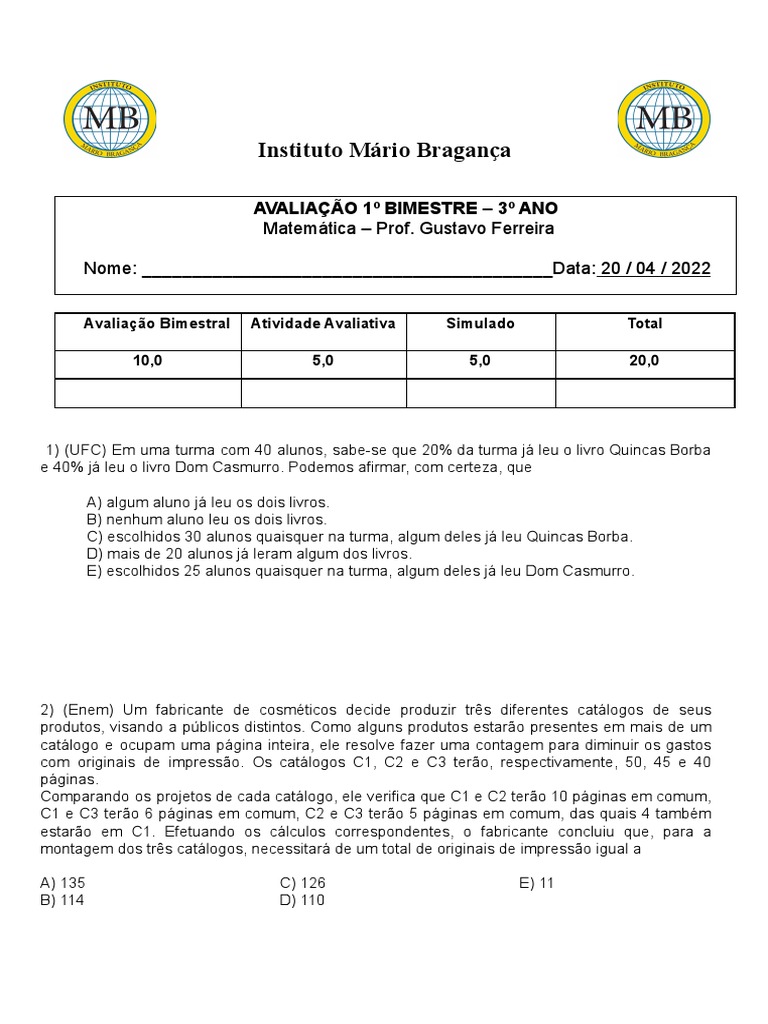 1a Pb Mat 3o Ano Pdf Função Matemática Análise