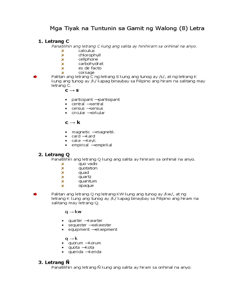 Mga Tiyak Na Tuntunin Sa Gamit NG Walong Letra PDF | PDF