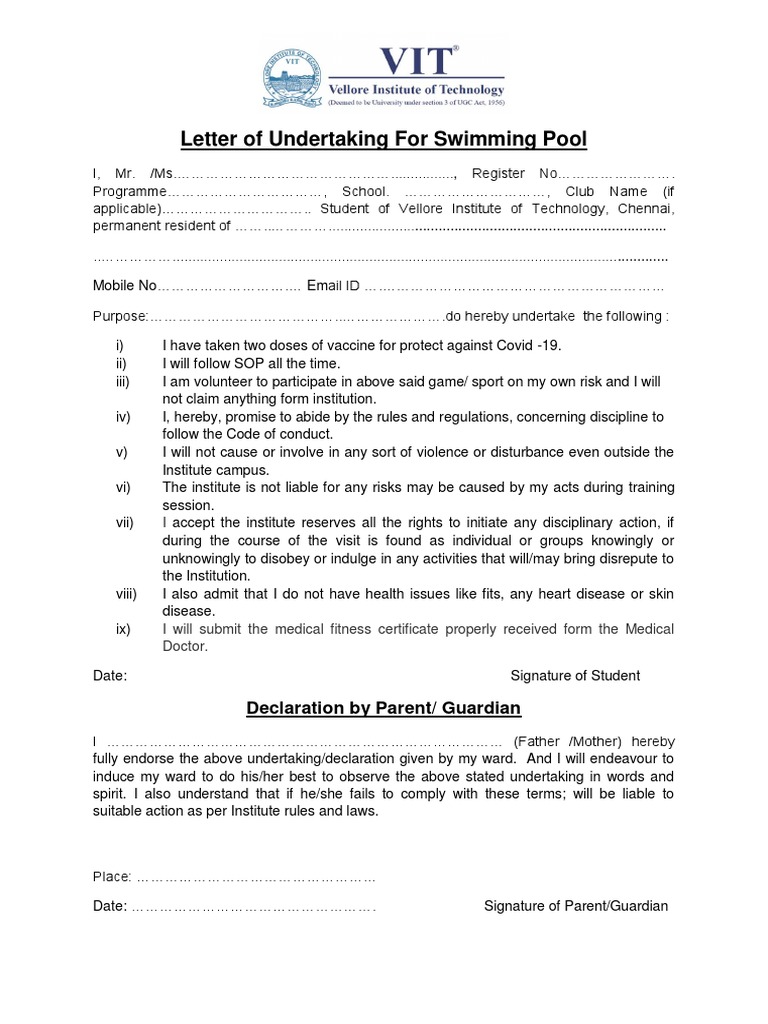 Swimming Pool Undertaking Form | PDF | Medicine | Health Care