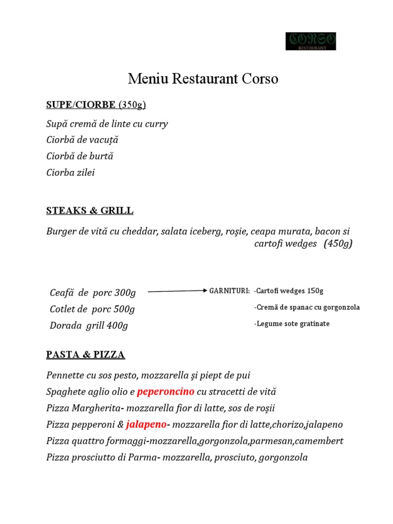 Meniu Restaurant Corso | PDF