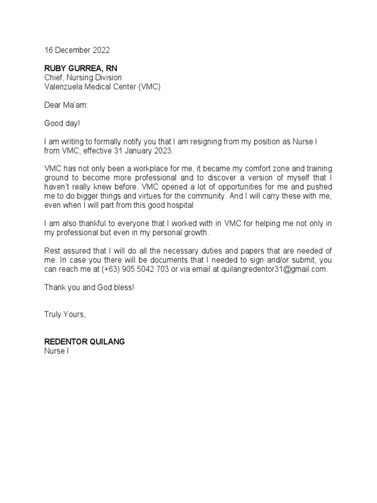 Nurse Resignation Letter - Valenzuela Medical Center | PDF | Career ...