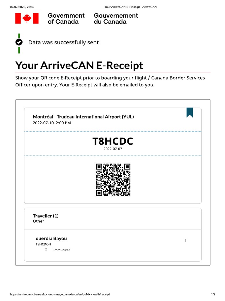 ArriveCAN EReceipt ArriveCAN PDF