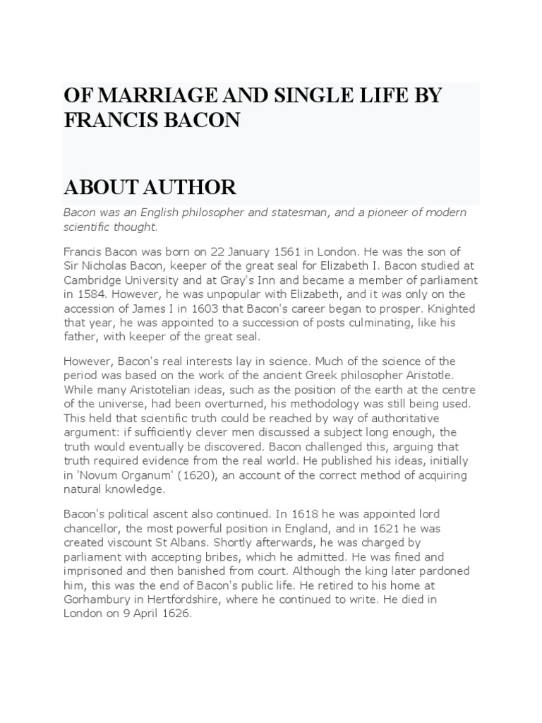 bacon essay of marriage and single life summary