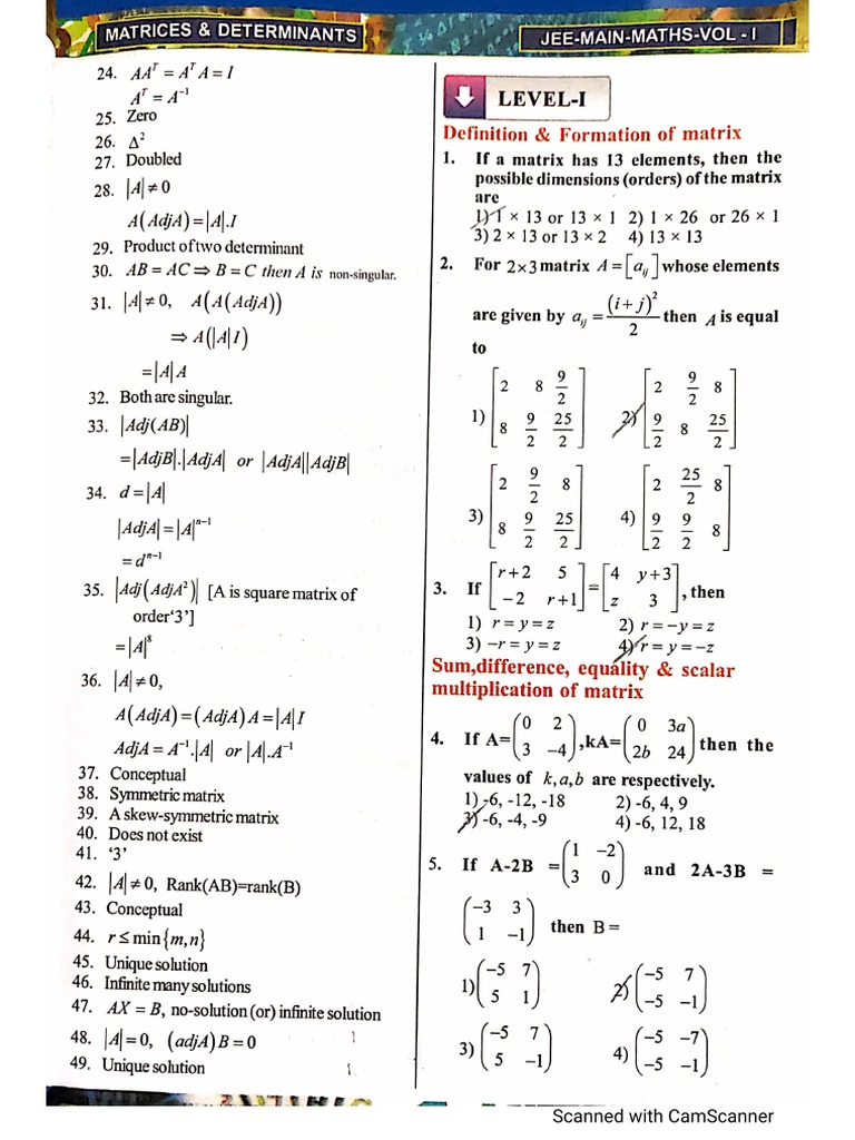 Matrix and Determinants Objectives PDF
