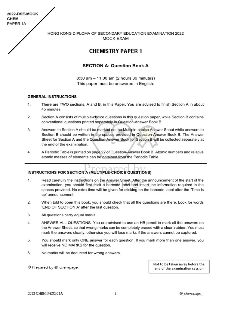 2022 Chemistry Mock Exam Paper 1A | PDF | Sodium Hydroxide | Magnesium