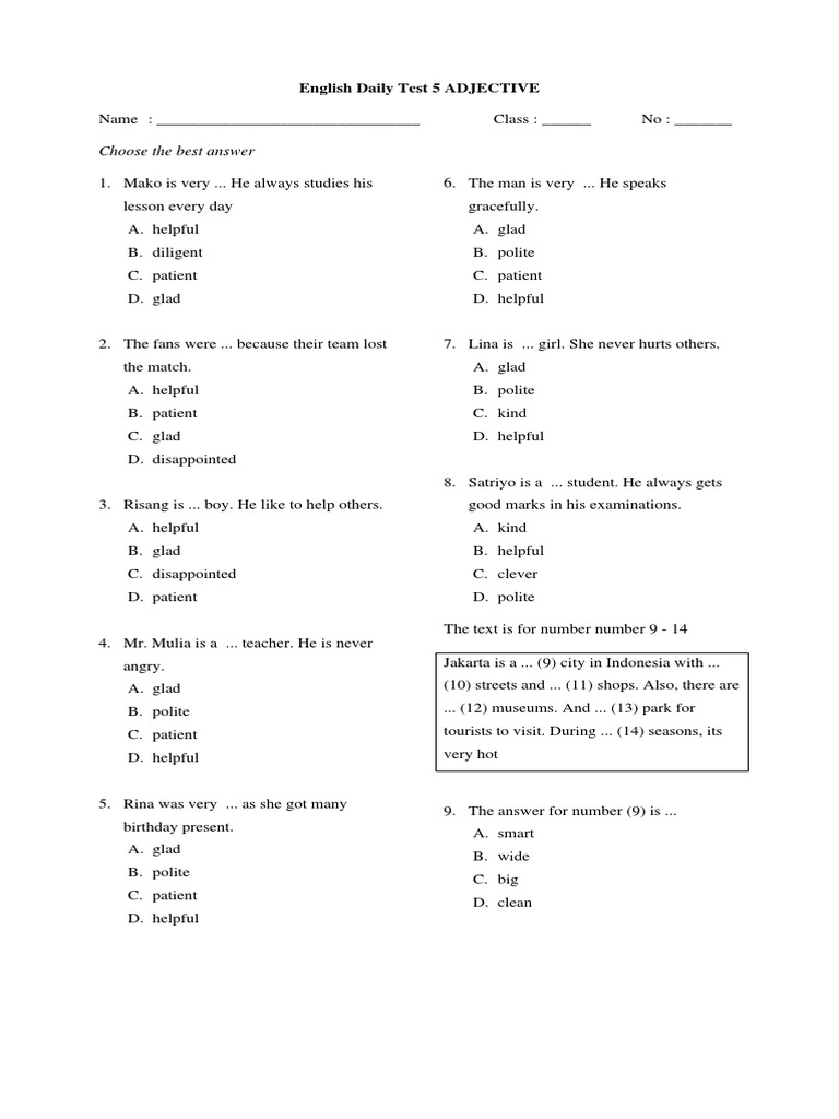Adjective Exercises for Grade 5 English | PDF