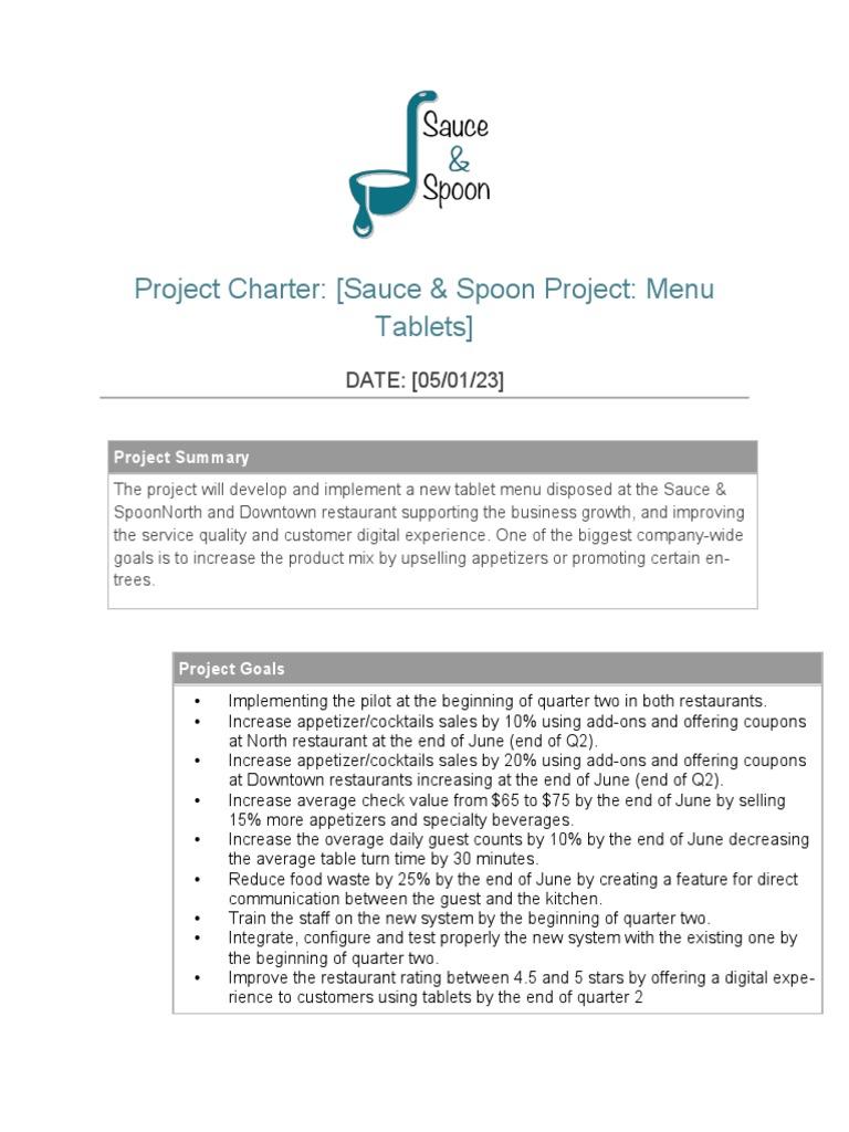 Sauce & Spoon Project Charter Menu Tablets PDF Menu Restaurants
