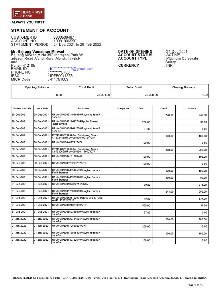 IDFC Bank Platinum Account Statement | PDF | Payments | Cheque