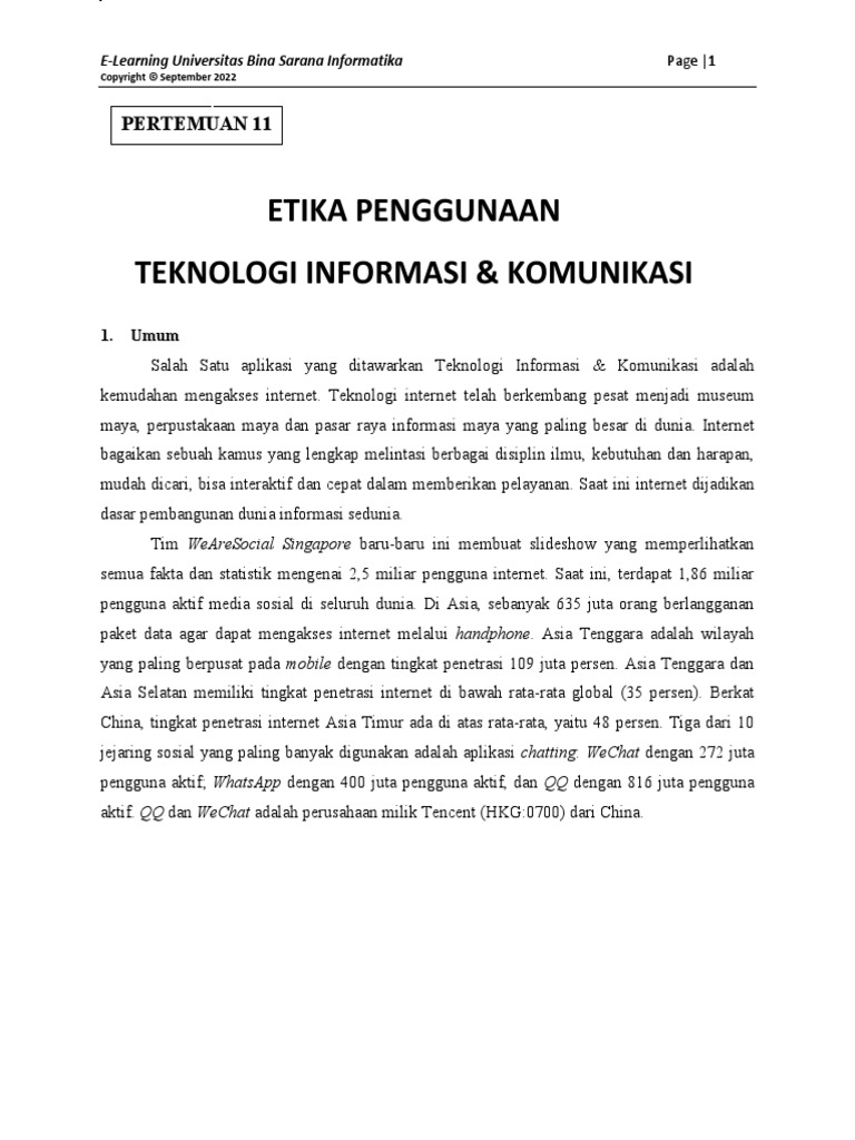 Etika Penggunaan Teknologi Informasi & Komunikasi: Pertemuan 11 | PDF ...