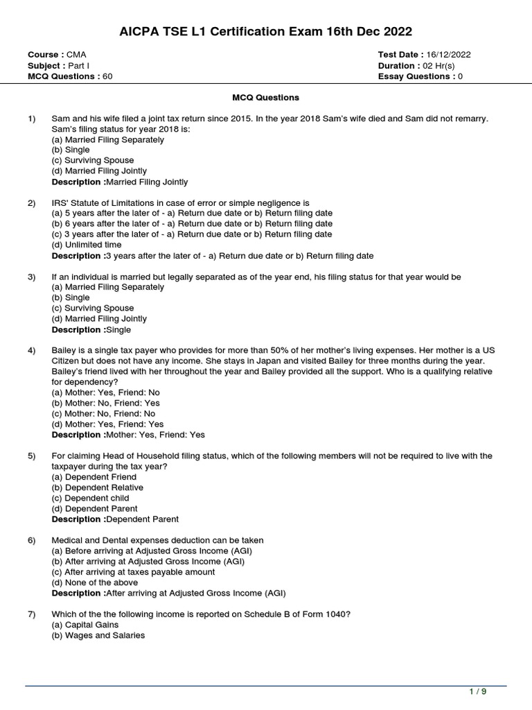 AICPA TSE L1 Certification Exam 16th Dec 2022 Desc PDF Tax