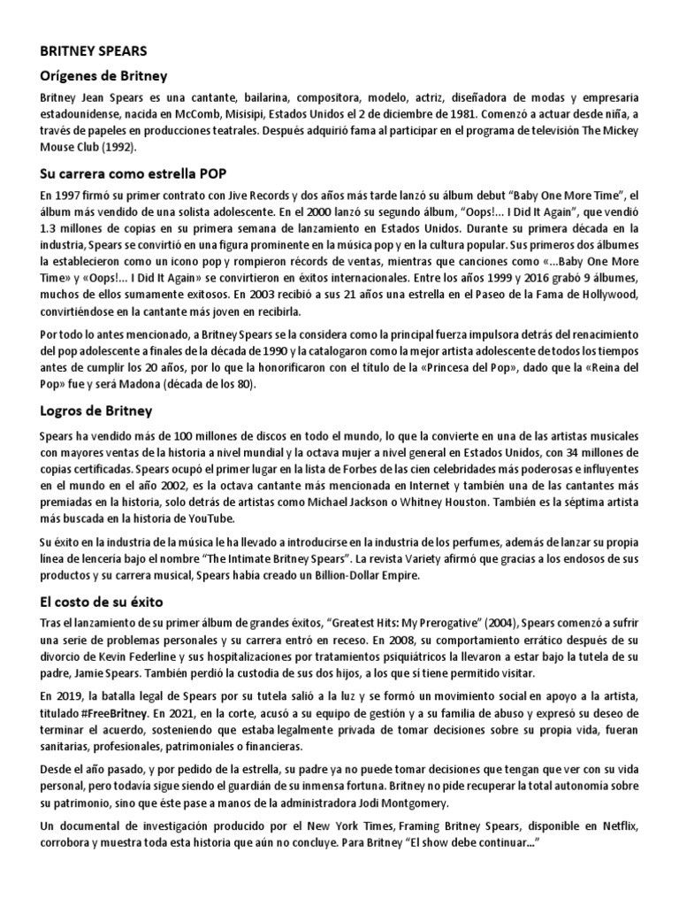 Biografía de Britney Spears: Éxitos y retos | PDF | Britney Spears |  Cultura popular y estudios de los medios de comunicación, image size:768x1024