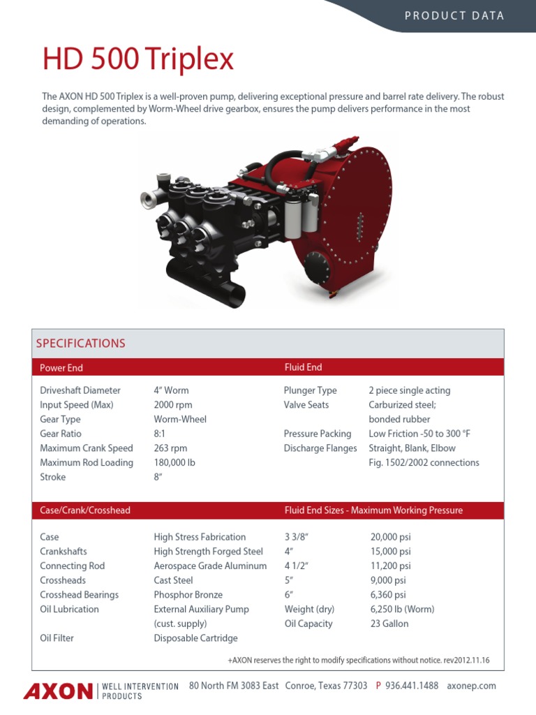 Axon HD 500 Triplex Pump Specifications | PDF | Technology & Engineering