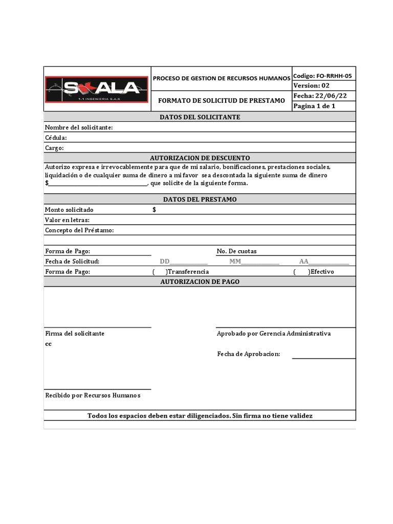 Formato Solicitud de Prestamo Rev0301122 | PDF