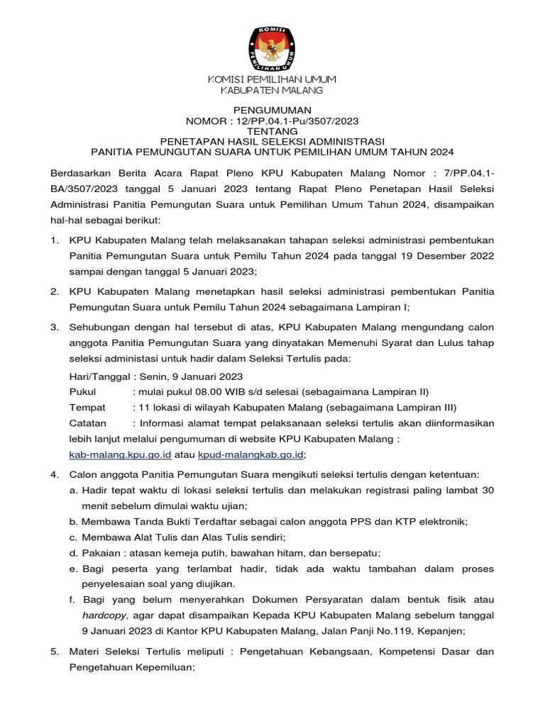 Pengumuman No 12 2023 Hasil Seleksi Administrasi Pps Kab Malang 1 Pdf
