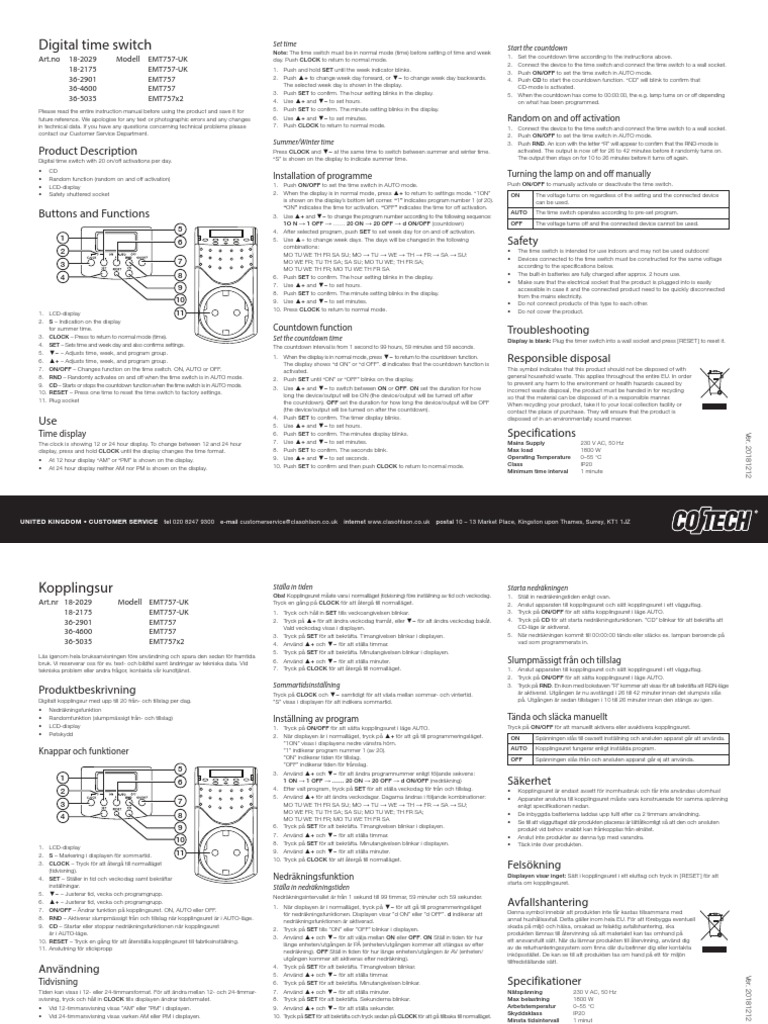 Timer Mini Clas Ohlson | PDF | Switch | Clock